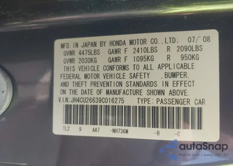 2009 Acura Tsx из США, поврежденный, VIN JH4CU26639C016275